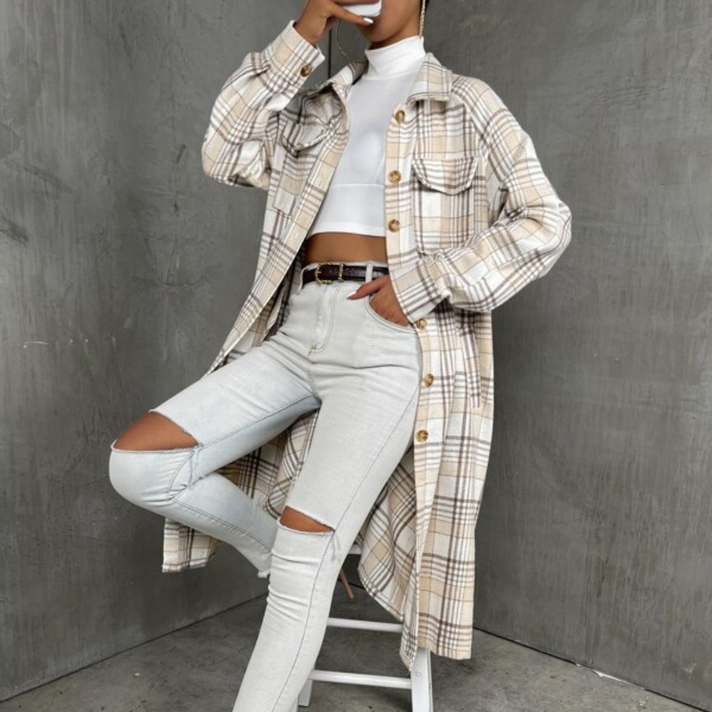 Plaid Print Long Casual Coat - Picture 1 of 6